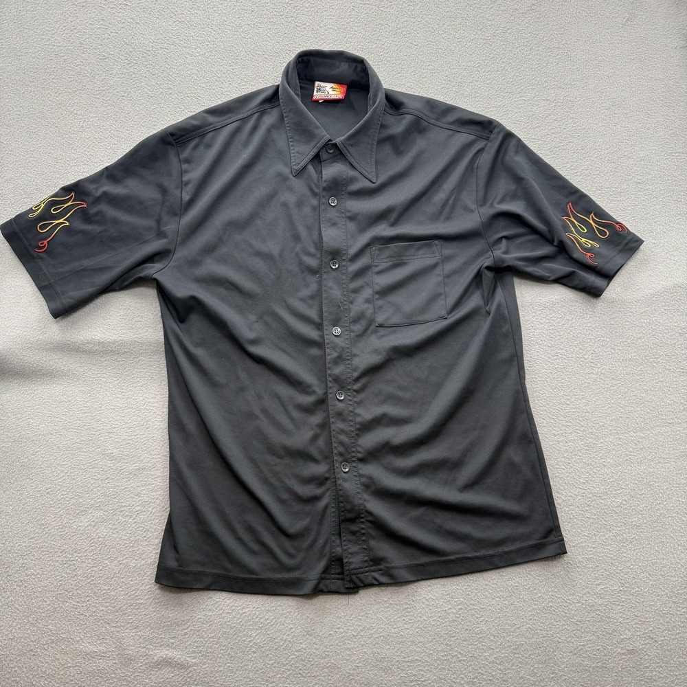 Vintage Kikwear Shirt Mens Large Black Flame‎ Embroidered Short Sleeve USA